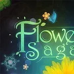 Flower Saga yazısı, etrafında çiçekler ve bir kelebek ile birlikte renkli bir tasarım üzerinde yer alıyor