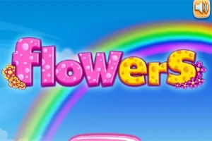 Pembe ve sarı renklerde, çiçek desenli flowers yazısı, gökkuşağı ve mavi gökyüzü arka planında