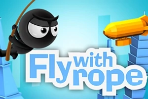 Siyah bir karakter ipte sallanırken, mavi ve beyaz tonlarında Fly with rope yazısı ve arka planda sarı bir zeplin ile yüksek binalar