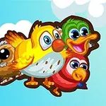 Karikatür tarzında, renkli ve büyük gözlü üç kuş ve bir baykuş mavi bir arka plan önünde uçuyor