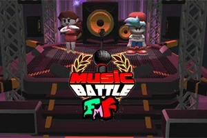 Sahne üzerinde duran iki karakter ve arka planda büyük bir hoparlör sistemi, merkezde ise Music Battle yazılı bir logo