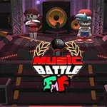 Sahne üzerinde duran iki karakter ve arka planda büyük bir hoparlör sistemi, merkezde ise Music Battle yazılı bir logo