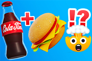 Bir şişe kola, bir hamburger ve şaşkın bir emoji mavi bir arka plan üzerinde yan yana gösterilmiştir