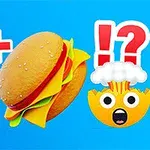 Bir şişe kola, bir hamburger ve şaşkın bir emoji mavi bir arka plan üzerinde yan yana gösterilmiştir