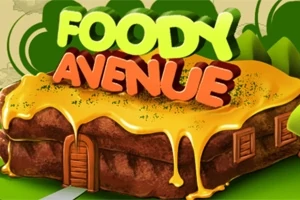 Üzerinde sarı erimiş peynir bulunan bir sandviç yapısının üstüne yerleştirilmiş Foody Avenue yazısı