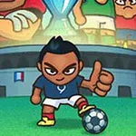 Çizgi tarzında futbol formalı bir karakter, futbol topunun yanında başparmağını yukarı kaldırmış şekilde duruyor; arka planda stadyum ve başka karakterler var