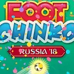 Renkli konfeti ve parlayan bir futbol topu ile süslenmiş Foot Chinko ve Russia 18 yazılı grafik