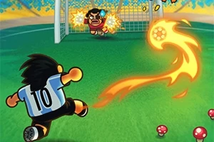 Bir futbolcunun kale önünde ateşli bir topa vurduğu, kalecinin kurtarmaya çalıştığı çizgi film tarzı bir sahne
