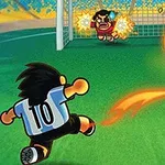 Bir futbolcunun kale önünde ateşli bir topa vurduğu, kalecinin kurtarmaya çalıştığı çizgi film tarzı bir sahne