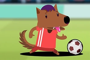Kırmızı formayla futbol oynayan çizgi film tarzı bir kurt