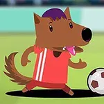 Kırmızı formayla futbol oynayan çizgi film tarzı bir kurt