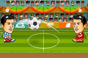 Karekterlerin karikatürize edilmiş futbol sahasında büyük kafalı iki oyuncu birbirine karşı topa vuruyor