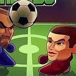 Yeşil bir futbol sahasında yüzleri belirgin, animasyonlu iki karakter kafalarıyla bir futbol topuna bakıyor