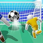 Mavi ve sarı formalı iki figür futbol topunu kaleye doğru yönlendiriyor