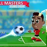Çizgi stilinde, iki karikatür futbol oyuncusu topa vururken, arka planda stadyum ve yukarıda Football Masters Euro 2020 yazısı