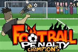 Bir futbolcu kaleye şut çekiyor, kaleci topa doğru uçuyor ve arka planda seyirciler bulunuyor; Football Penalty Champions yazısı önde yer alıyor