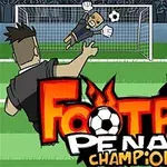 Bir futbolcu kaleye şut çekiyor, kaleci topa doğru uçuyor ve arka planda seyirciler bulunuyor; Football Penalty Champions yazısı önde yer alıyor