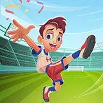 Çizgi stili bir stadyumda, mutlu bir çocuk renkli bir forma giyerek futbol topuna vuruyor