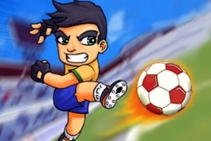 Çizgi film tarzında bir futbolcu, sol ayağıyla vurarak topa güçlü bir şut çekiyor