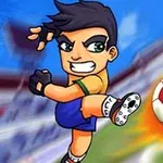 Çizgi film tarzında bir futbolcu, sol ayağıyla vurarak topa güçlü bir şut çekiyor