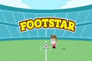 Yeşil bir futbol sahasında, Footstar yazısının altında duran kırmızı formalı çizgi karakter ve top