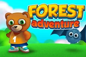 Bir ayı ve yarasa figürü, renkli Forest Adventure metniyle birlikte yeşil bir arka planda yer almakta