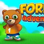 Bir ayı ve yarasa figürü, renkli Forest Adventure metniyle birlikte yeşil bir arka planda yer almakta