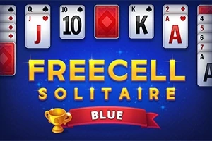 Mavi arka plan üzerinde iskambil kartları ve Freecell Solitaire Blue yazısı bulunan görsel