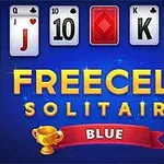 Mavi arka plan üzerinde iskambil kartları ve Freecell Solitaire Blue yazısı bulunan görsel