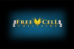 Mavi arka plan üzerinde FreeCell Solitaire yazısı ve ortasında bir taç sembolü bulunan görüntü