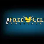 Mavi arka plan üzerinde FreeCell Solitaire yazısı ve ortasında bir taç sembolü bulunan görüntü