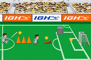 Yeşil bir futbol sahasında koni engelleri, futbol topu, yıldızlar, bir kaleci ve kalenin yanındaki kalabalık bir tribün