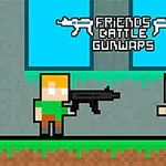Piksel tarzında iki karakter, silah tutan figür çizimleri ve Friends Battle Gunwar yazısı