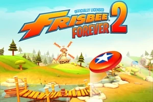 Renkli ve çimenli bir manzara üzerinde uçan bir frizbi ile çizgi film tarzı bir arka plan