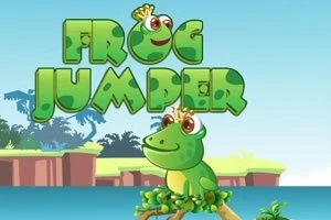 Gülen bir kurbağanın üzerinde durduğu çimenlerle çevrili bir ada, büyük yeşil yazılarla Frog Jumper metni