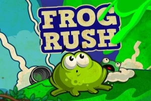 Yeşil bir kurbağa, büyük gözlerle bir tepenin üzerinde oturuyor; arka planda Frog Rush yazısı ve bir başka kurbağa görünüyor