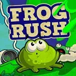 Yeşil bir kurbağa, büyük gözlerle bir tepenin üzerinde oturuyor; arka planda Frog Rush yazısı ve bir başka kurbağa görünüyor