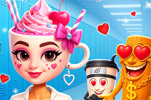 Bir okul koridorunda canlı, pembe krema ve kirazla süslenmiş bir kupa şeklinde yüzü olan kız ve yanında iki sevimli ifadeye sahip içecek