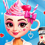 Bir okul koridorunda canlı, pembe krema ve kirazla süslenmiş bir kupa şeklinde yüzü olan kız ve yanında iki sevimli ifadeye sahip içecek