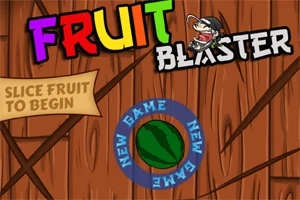 Ahşap arka plan üzerinde Fruit Blaster yazısı, çizgi karakter ve dilimlenmiş karpuz ile Slice Fruit to Begin ifadesi