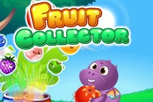 Mor bir dinozor, yüzünde gülümseme ile renkli meyveler ve Fruit Collector yazısı
