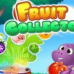 Mor bir dinozor, yüzünde gülümseme ile renkli meyveler ve Fruit Collector yazısı