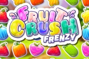 Renkli meyveler ve kalın harflerle yazılmış Fruit Crush Frenzy metni
