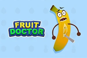 Mavi arka plan üzerinde, yüz ifadeleri olan bir muz ve yanında Fruit Doctor yazısı
