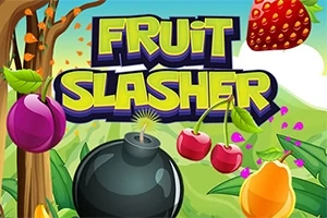 Fruit Slasher yazısı, meyveler ve bomba ile çevrili renkli bir arka plan