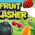 Fruit Slasher yazısı, meyveler ve bomba ile çevrili renkli bir arka plan