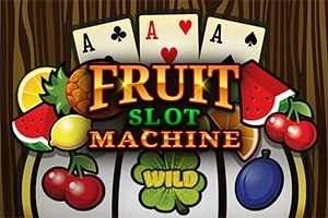 Üç adet as kartı ile çevrili, üzerinde çeşitli meyve görselleri ve Fruit Slot Machine yazısı bulunan grafik tasarım