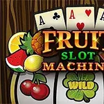 Üç adet as kartı ile çevrili, üzerinde çeşitli meyve görselleri ve Fruit Slot Machine yazısı bulunan grafik tasarım