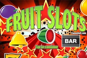 Yeşil büyük harflerle Fruit Slots yazısı, kırmızı yıldızlar ve meyve sembolleri arka planında