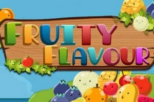 Renkli harflerle Fruity Flavour yazısı ve sevimli meyve karakterleri